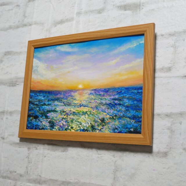 油絵 油彩 油彩画 絵 絵画【夕日に輝くネモフィラ】 | iichi 日々の