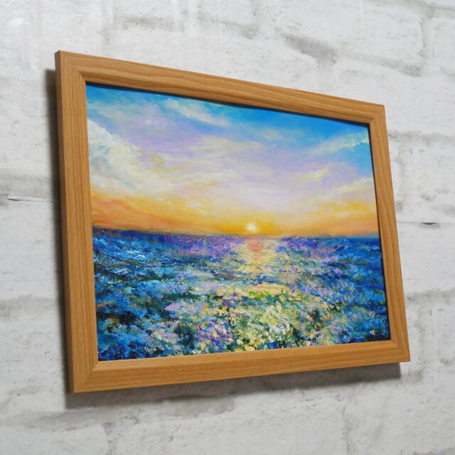 油絵 油彩 油彩画 絵 絵画【夕日に輝くネモフィラ】 | iichi 日々の