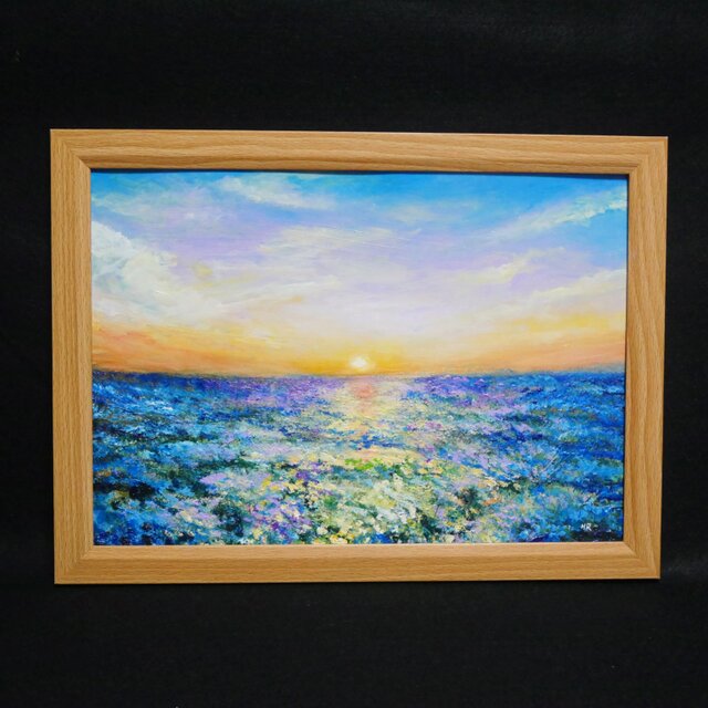 油絵 油彩 油彩画 絵 絵画【夕日に輝くネモフィラ】 | iichi 日々の