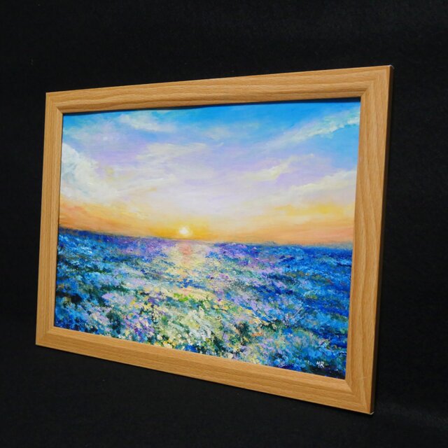 油絵 油彩 油彩画 絵 絵画【夕日に輝くネモフィラ】 | iichi 日々の