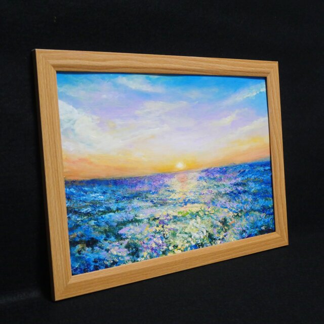 油彩画　カモミール 油絵 油彩 油彩画 絵 絵画【夕日に輝くネモフィラ】 | iichi 日々の