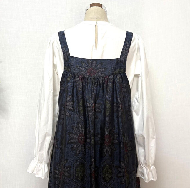 着物リメイク 大島紬花柄ジャンパースカート ロングワンピース ミモレ