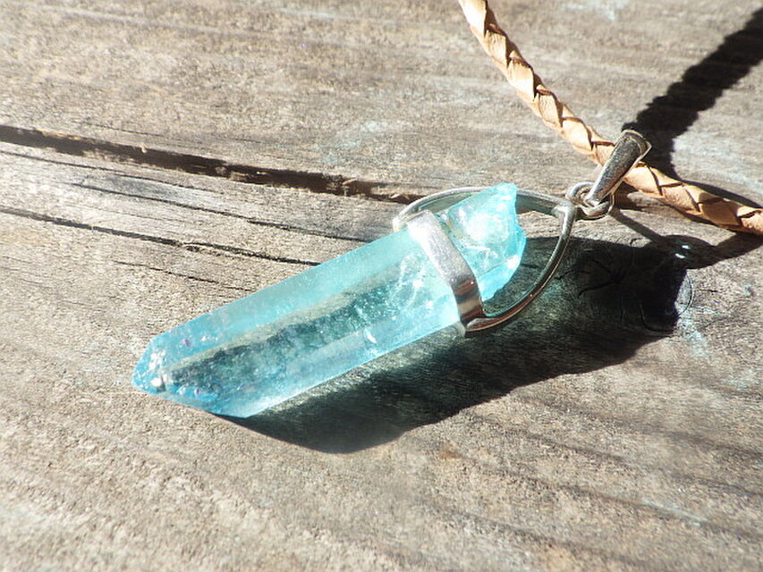 sv925 Aqua aura quartz necklace アクアオーラ原石ポイントの革紐