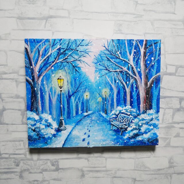 油絵 原画 雪景色 冬景色 幻想的 青 絵画 F3「雪降る幻想」 | iichi