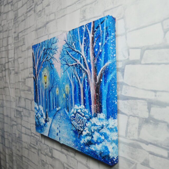 油絵 原画 雪景色 冬景色 幻想的 青 絵画 F3「雪降る幻想」 | iichi