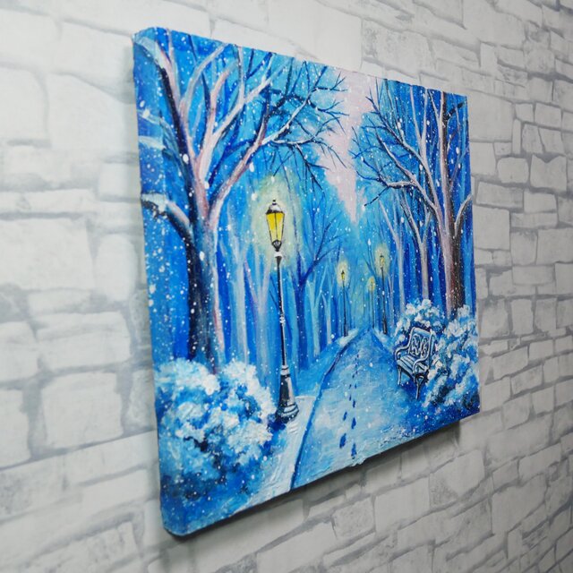 油絵 原画 雪景色 冬景色 幻想的 青 絵画 F3「雪降る幻想」 | iichi