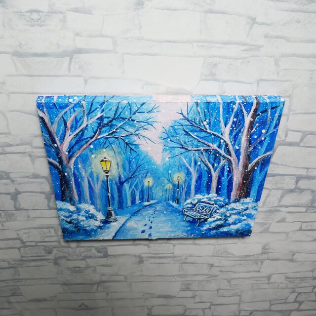 油絵 原画 雪景色 冬景色 幻想的 青 絵画 F3「雪降る幻想」 | iichi