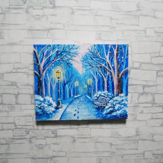 油絵 原画 雪景色 冬景色 幻想的 青 絵画 F3「雪降る幻想」 | iichi