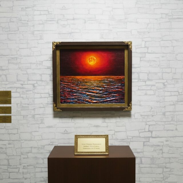 一点物 油絵 原画「朱色の満月と蒼き波」幻想的な風景画【インテリア