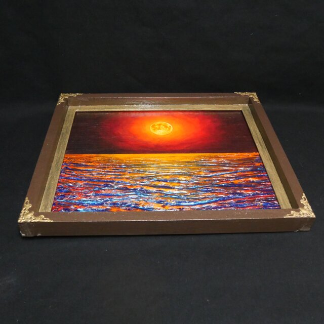 一点物 油絵 原画「朱色の満月と蒼き波」幻想的な風景画【インテリア