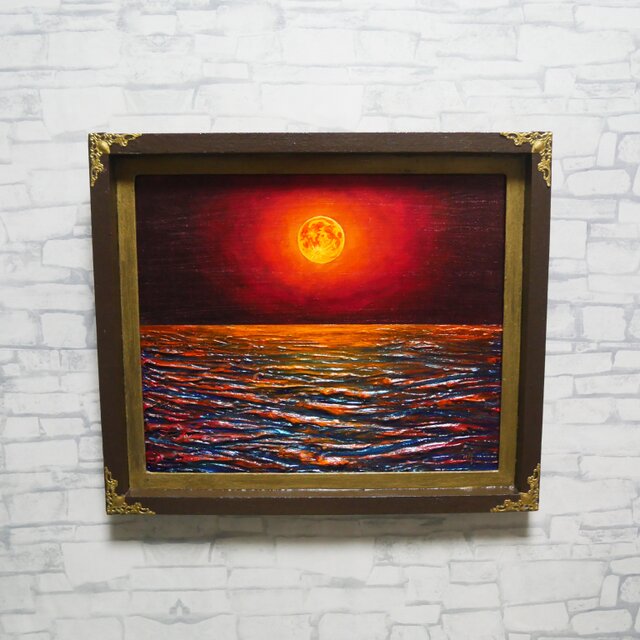 一点物 油絵 原画「朱色の満月と蒼き波」幻想的な風景画【インテリア