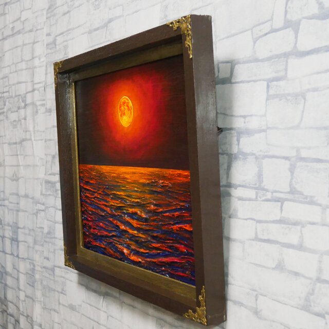 一点物 油絵 原画「朱色の満月と蒼き波」幻想的な風景画【インテリア