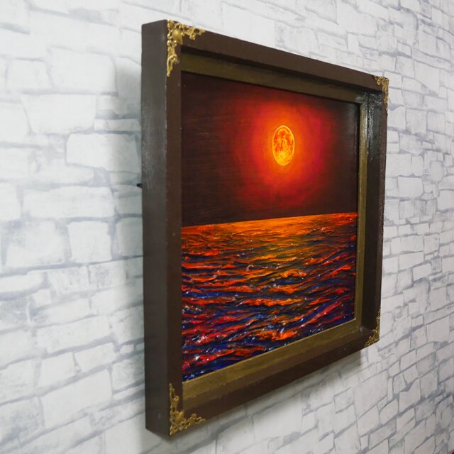 一点物 油絵 原画「朱色の満月と蒼き波」幻想的な風景画【インテリア