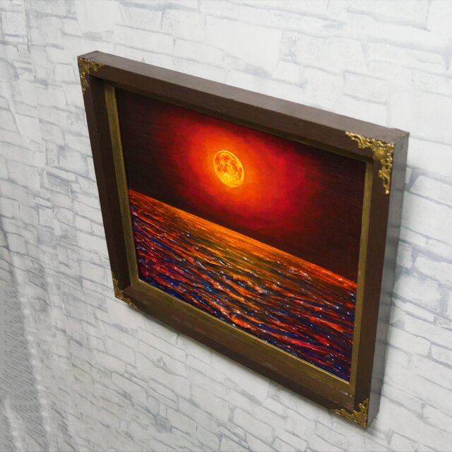 一点物 油絵 原画「朱色の満月と蒼き波」幻想的な風景画【インテリア