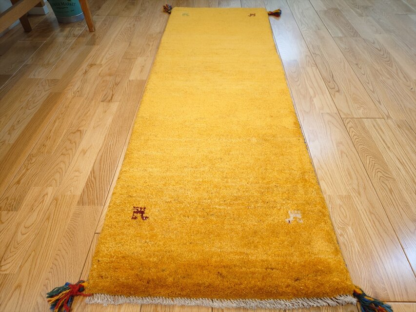 123x46cm ペルシャギャッベ ランナー (ギャベ) ペルシャ絨毯 ギャッベ ペルシャ ギャッベ ランナー中 ラグ 148×50㎝ 黄金色 シンプル RJ16118