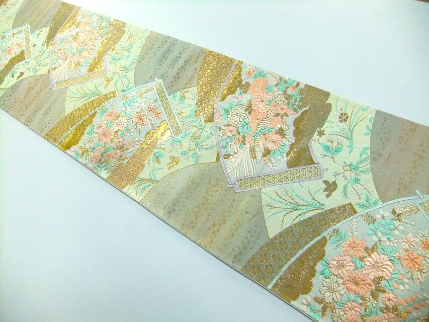 16)2410】180cm/純金箔扇小花文様/タペストリー・テーブルランナー