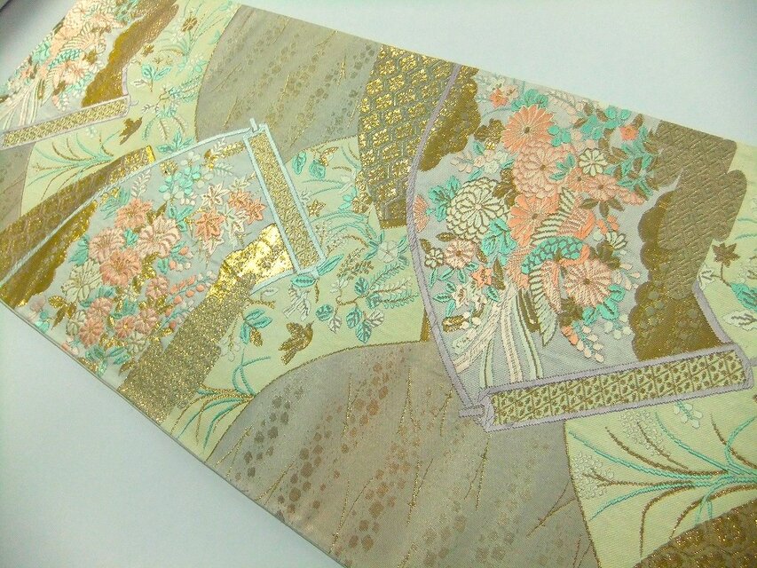 16)2410】180cm/純金箔扇小花文様/タペストリー・テーブルランナー