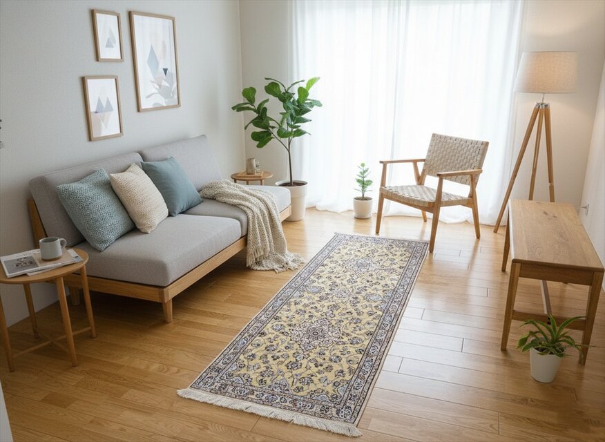 ペルシャ絨毯ナイン産ノラ ウール ランナー 細長いラグ 225x90cm