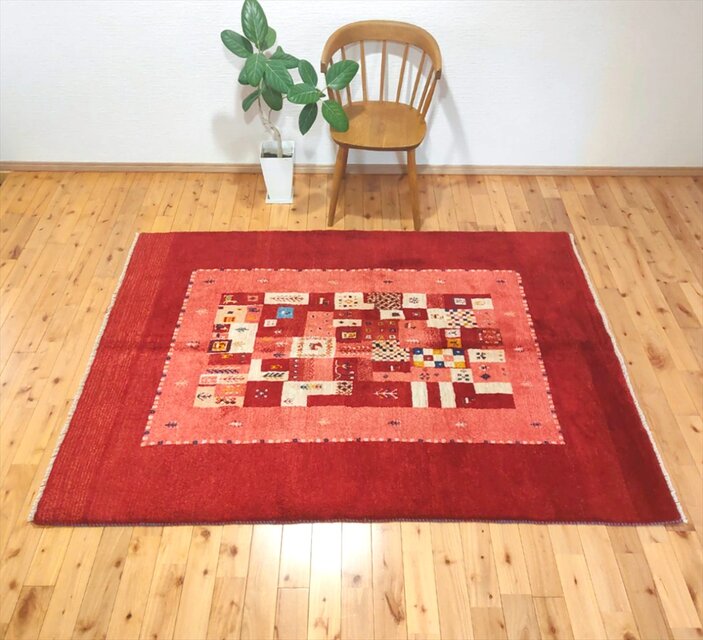ペルシャ ギャッベ リビング 195×150 桃色 花 ペルシャ 絨毯 赤」の