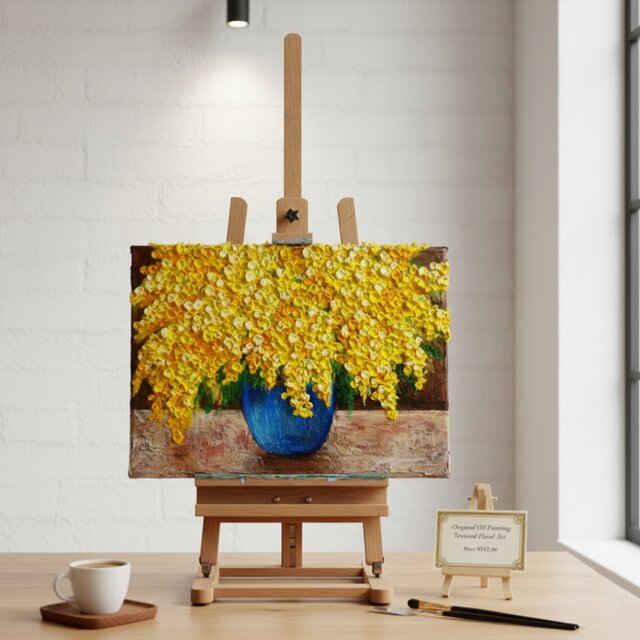 癒しのミモザ】春告げる黄色い花々 油彩画 F4号 インテリア ボタニカル