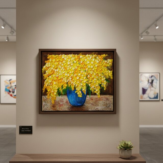 癒しのミモザ】春告げる黄色い花々 油彩画 F4号 インテリア ボタニカル