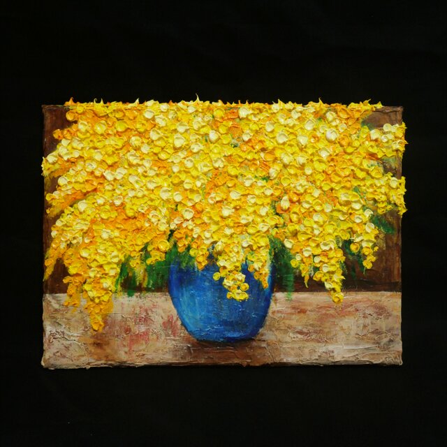 癒しのミモザ】春告げる黄色い花々 油彩画 F4号 インテリア ボタニカル