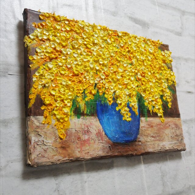 癒しのミモザ】春告げる黄色い花々 油彩画 F4号 インテリア ボタニカル