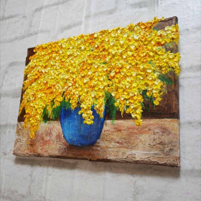 癒しのミモザ】春告げる黄色い花々 油彩画 F4号 インテリア ボタニカル