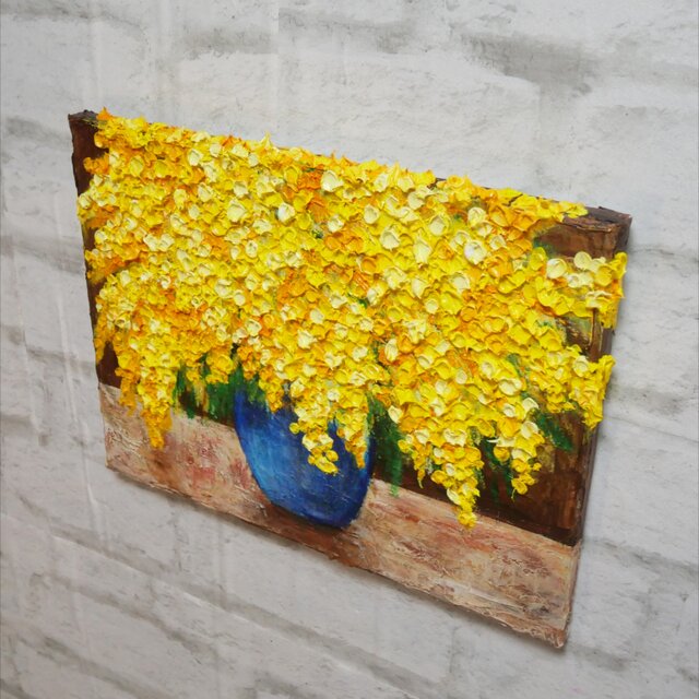 癒しのミモザ】春告げる黄色い花々 油彩画 F4号 インテリア ボタニカル