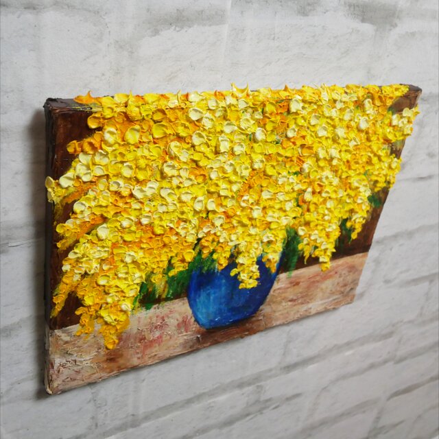 癒しのミモザ】春告げる黄色い花々 油彩画 F4号 インテリア ボタニカル