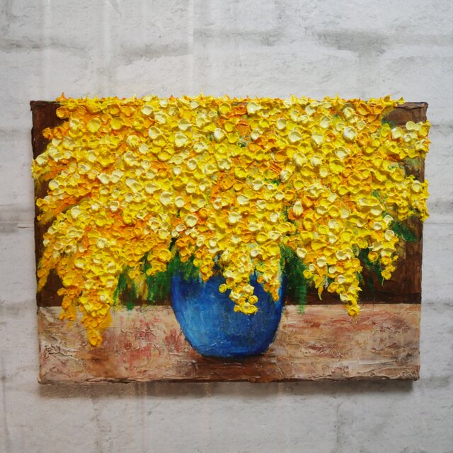 癒しのミモザ】春告げる黄色い花々 油彩画 F4号 インテリア ボタニカル