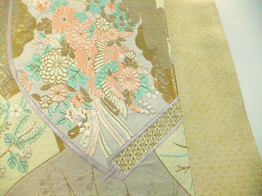 16)2412】30.5×55cm/扇小花文様/テーブルセンター/和風/帯リメイク