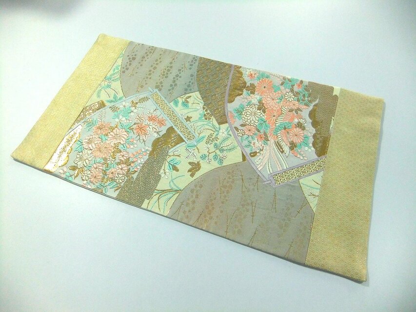 16)2412】30.5×55cm/扇小花文様/テーブルセンター/和風/帯リメイク