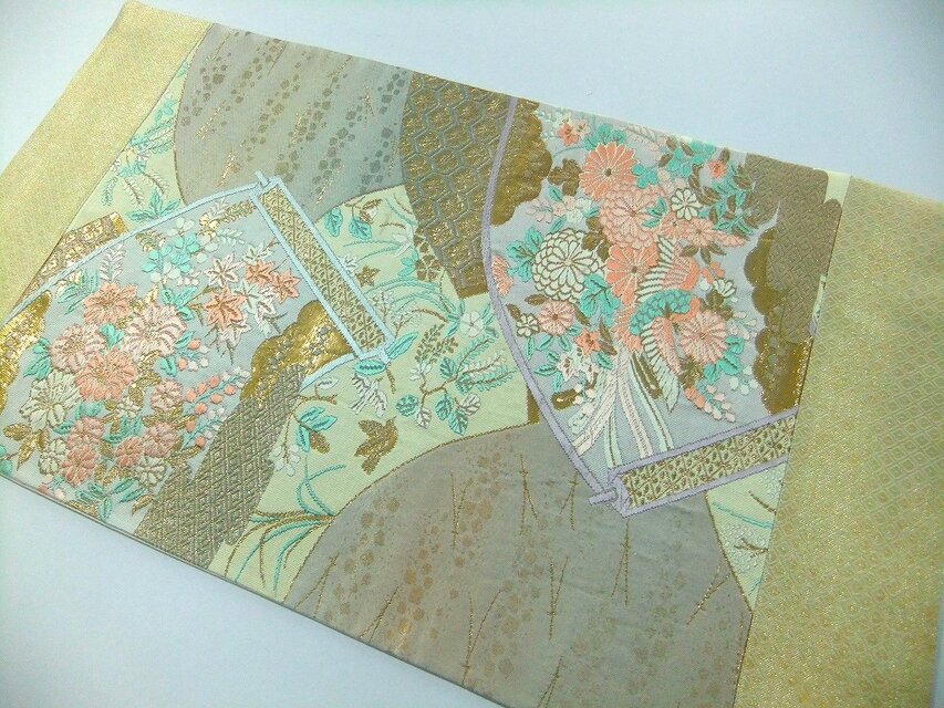 16)2412】30.5×55cm/扇小花文様/テーブルセンター/和風/帯リメイク