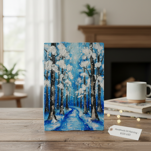 油絵 原画 油彩画 絵画 「白銀の森の小道」 冬 景色 風景画 インテリア