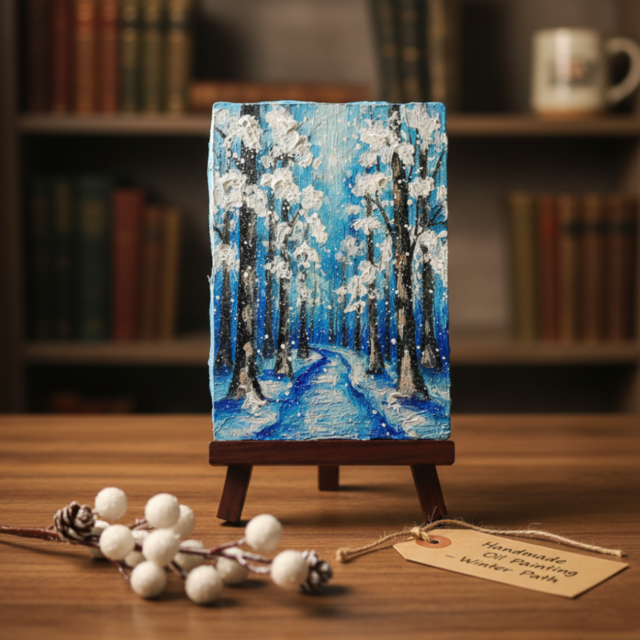 油絵 原画 油彩画 絵画 「白銀の森の小道」 冬 景色 風景画 インテリア