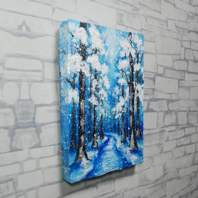 油絵 原画 油彩画 絵画 「白銀の森の小道」 冬 景色 風景画 インテリア