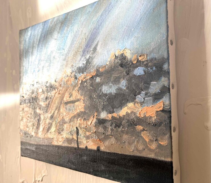 油彩画 原画「近所の風景 高速と空2」アート 絵画 22×27㎝ F3