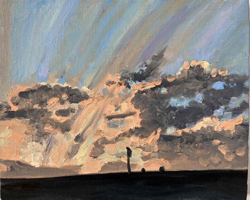 油彩画 原画「近所の風景 高速と空2」アート 絵画 22×27㎝ F3