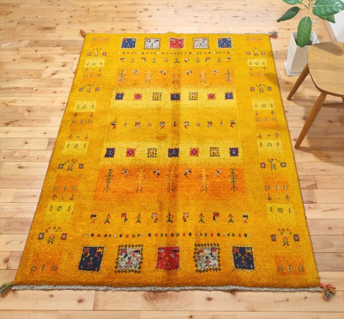 ペルシャ ギャッベ リビング敷き ラグ 197x150cm 黄金色 パネル