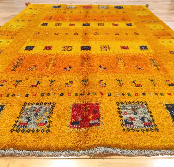 ペルシャ ギャッベ リビング敷き ラグ 197x150cm 黄金色 パネル