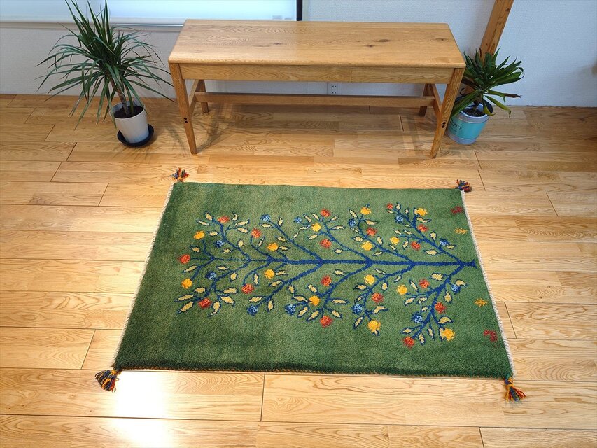 ペルシャ ギャッベ 玄関マット大 ウール 120x78cm 緑色 生命の木