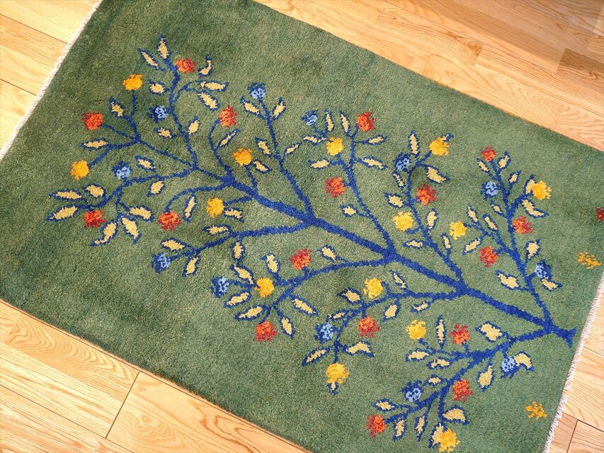 ペルシャ ギャッベ 玄関マット大 ウール 120x78cm 緑色 生命の木