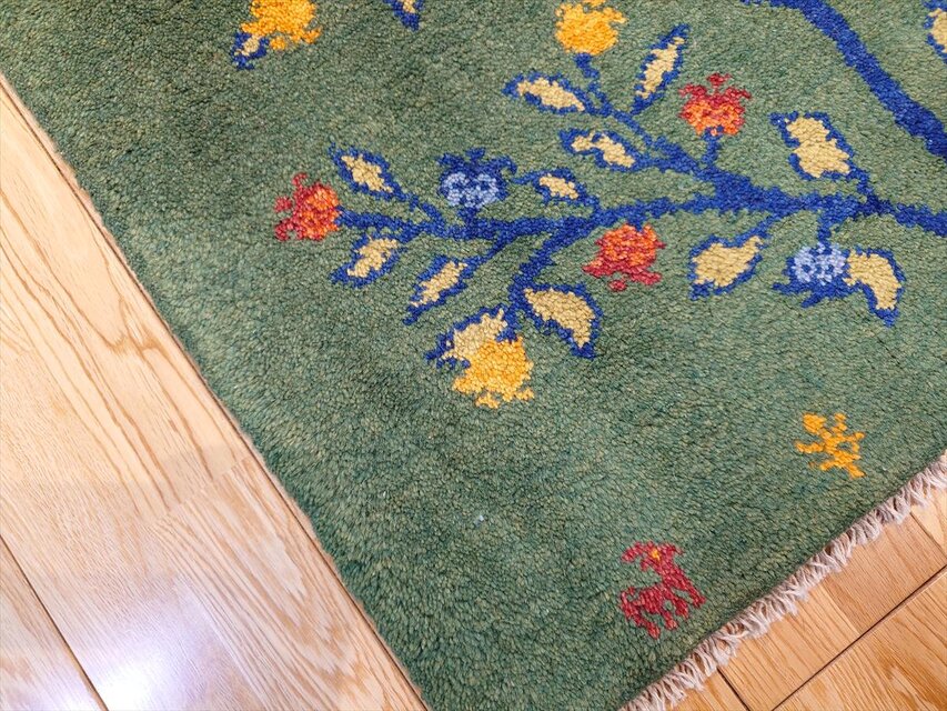ペルシャ ギャッベ 玄関マット大 ウール 120x78cm 緑色 生命の木
