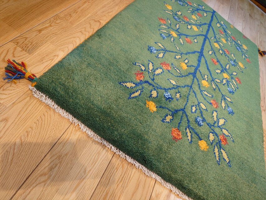 ペルシャ ギャッベ 玄関マット大 ウール 120x78cm 緑色 生命の木