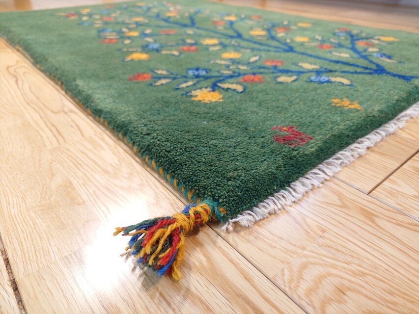 ペルシャ ギャッベ 玄関マット大 ウール 120x78cm 緑色 生命の木