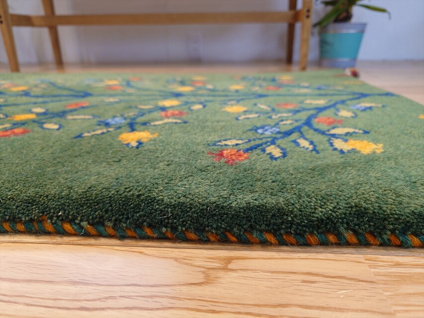 ペルシャ ギャッベ 玄関マット大 ウール 120x78cm 緑色 生命の木