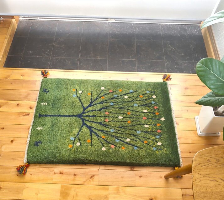 光*様 イラン製 手織りギャッベ 3枚セット 緑×ベージュ×赤 幸せの木