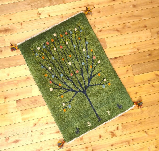 ペルシャ ギャッベ 玄関マット ラグ 90x63㎝ 緑色 ザクロの木 RJ15300