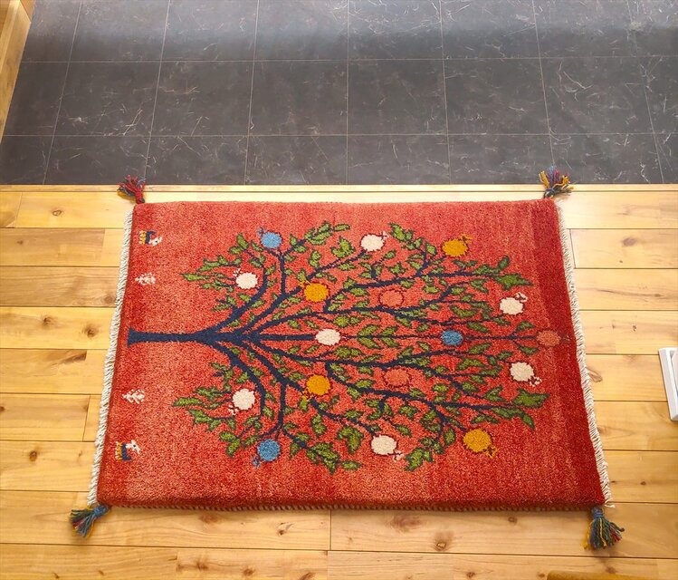 ペルシャ ギャッベ 玄関マット ラグ 88x63㎝ 茜色 桃色 ザクロの木